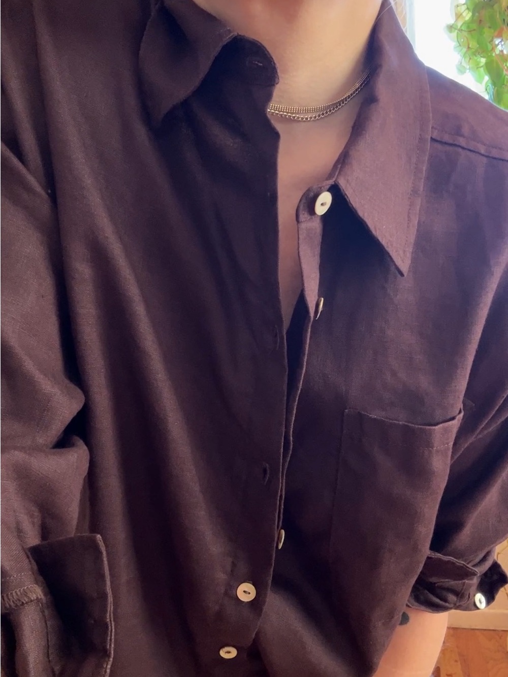 DONNI. Women’s Espresso/Burgundy-esque Linen Button-Down Shirt